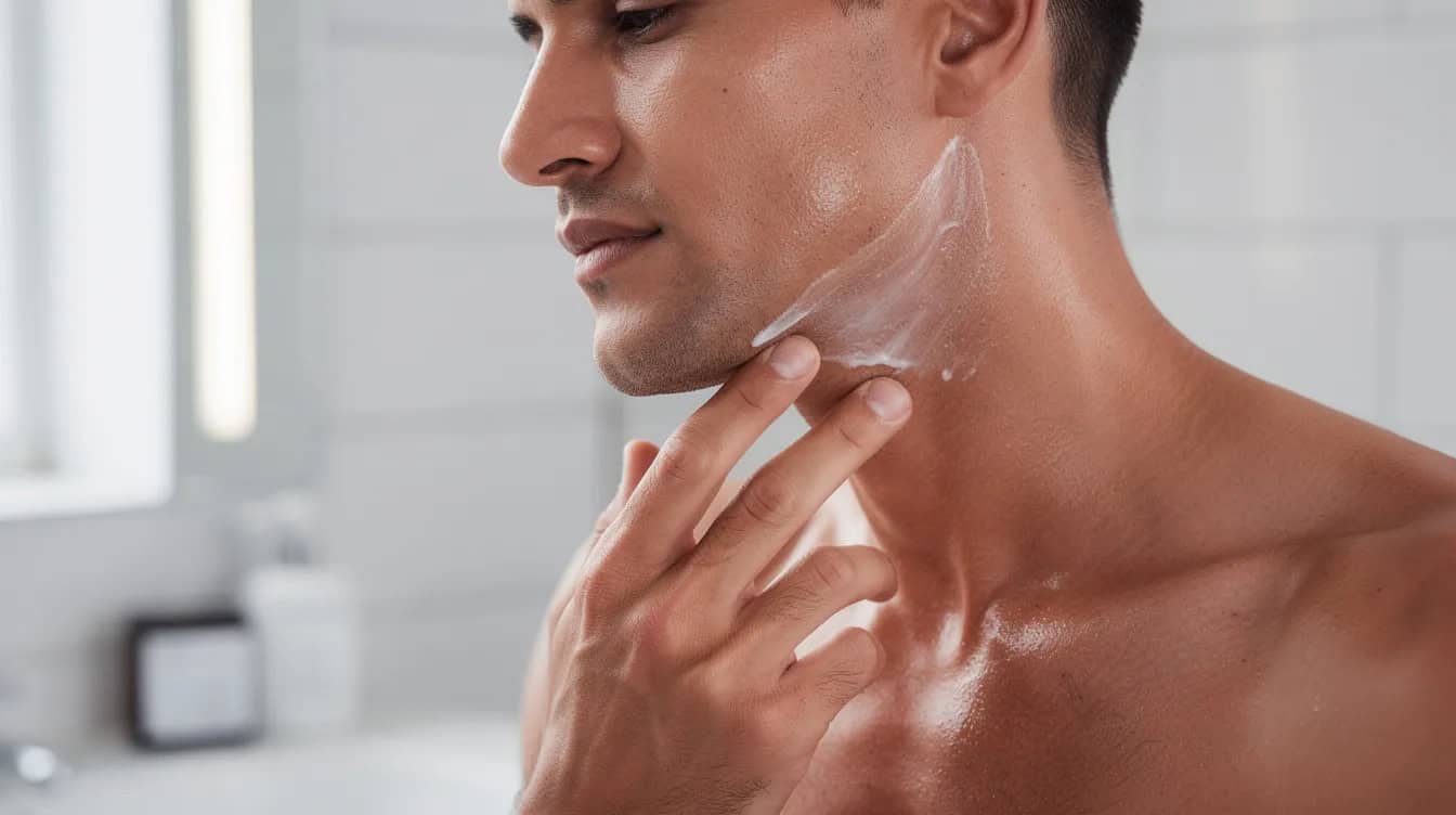 Man applying balm to freshly shaved skin along the jaw, the step that prevents most razor burn.