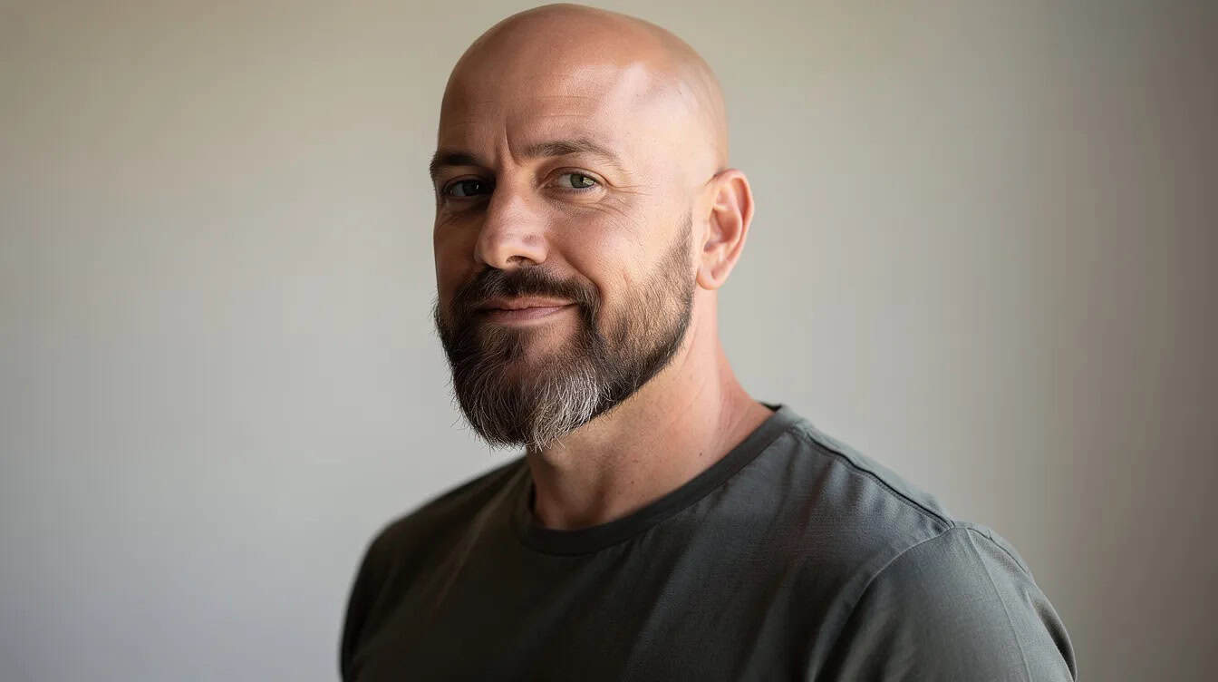 Bald man with a medium-length salt and pepper beard, trimmed with a rounded bottom edge.