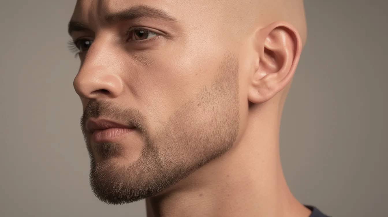 Close profile of a bald man with a short, evenly trimmed beard following a strong jawline.
