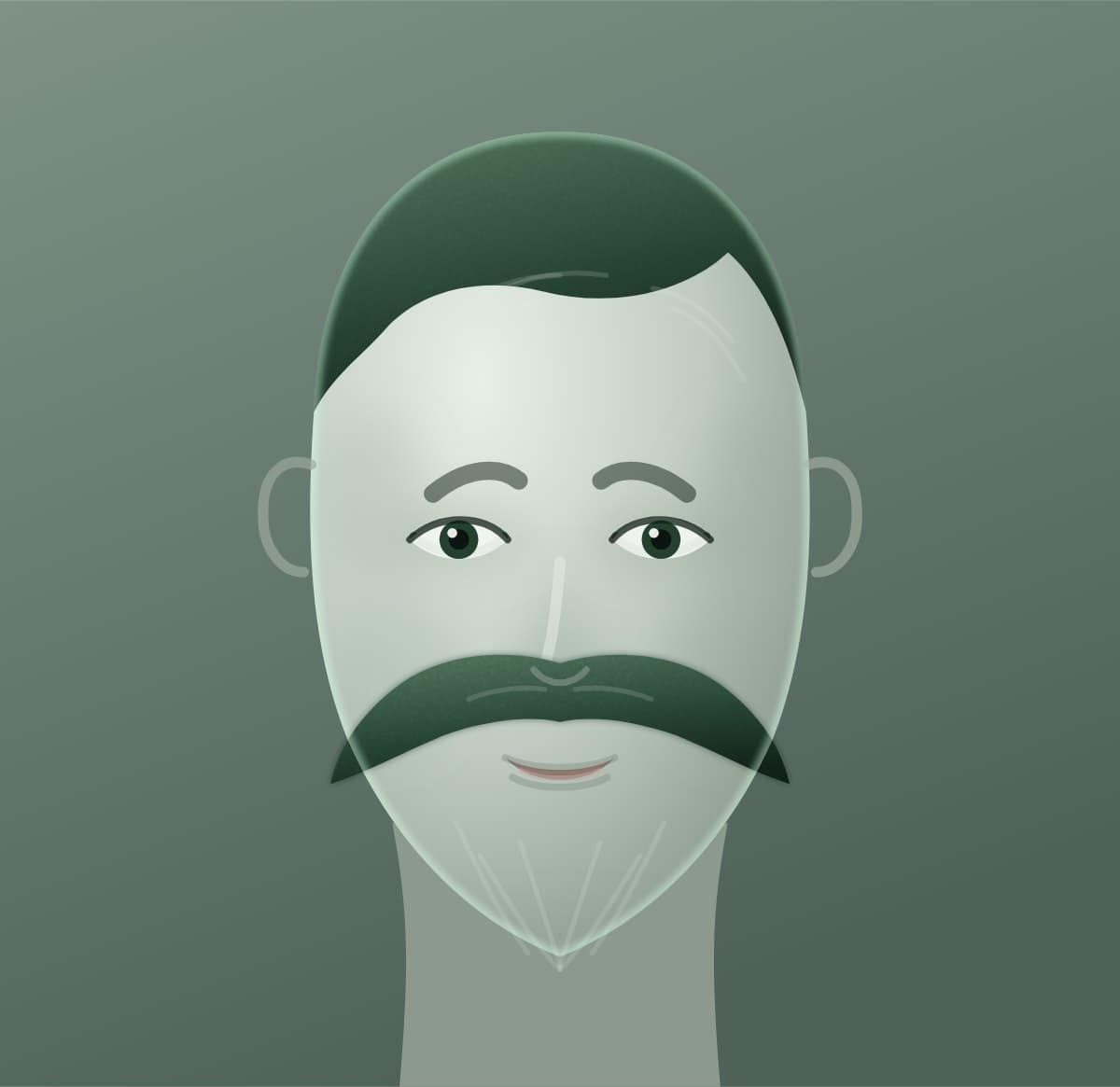 Front diagram of the cowboy moustache style. A wide chevron grown out past the corners of the mouth.