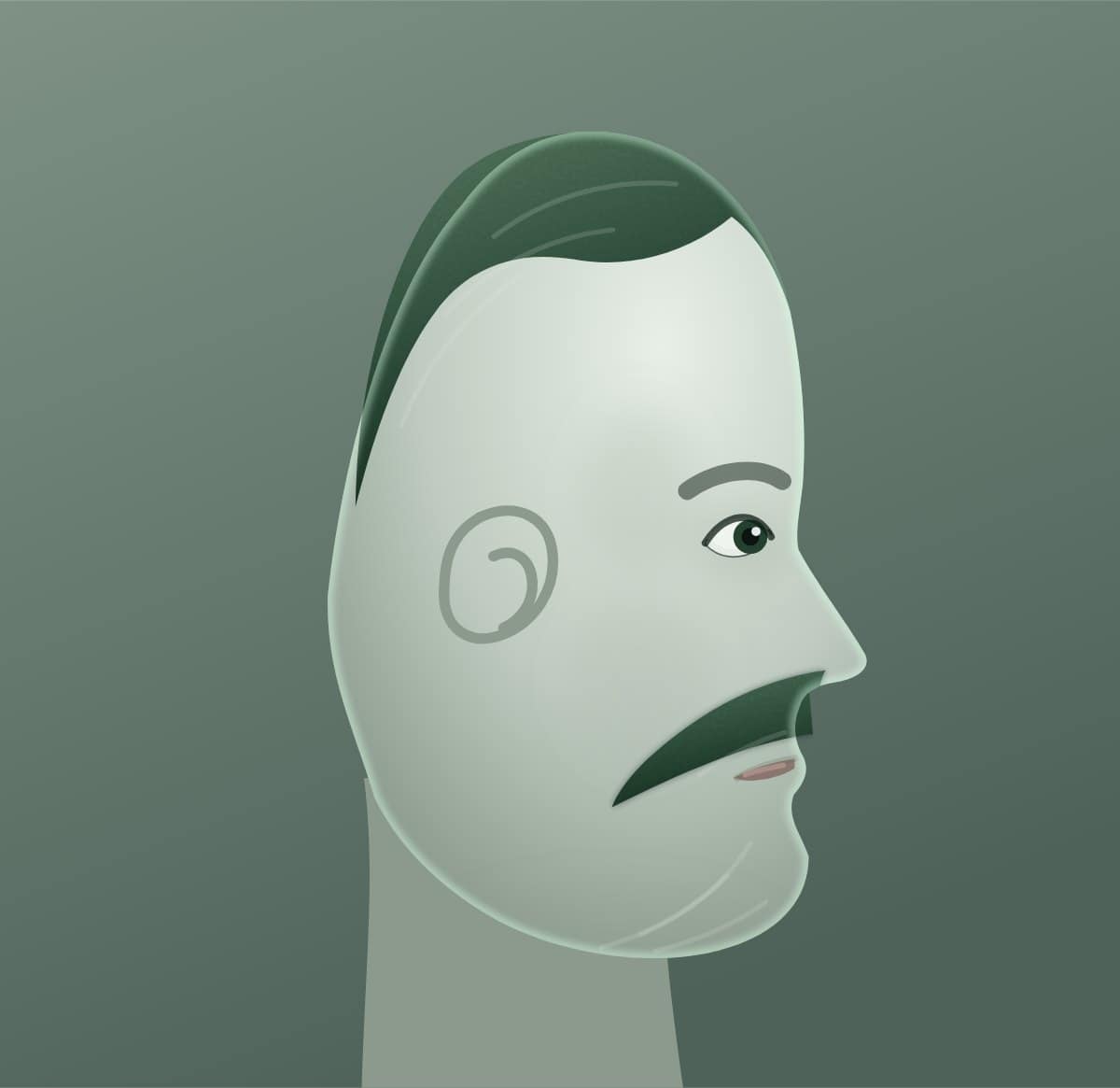 Profile diagram of the cowboy moustache style, showing how far it runs back toward the ear.