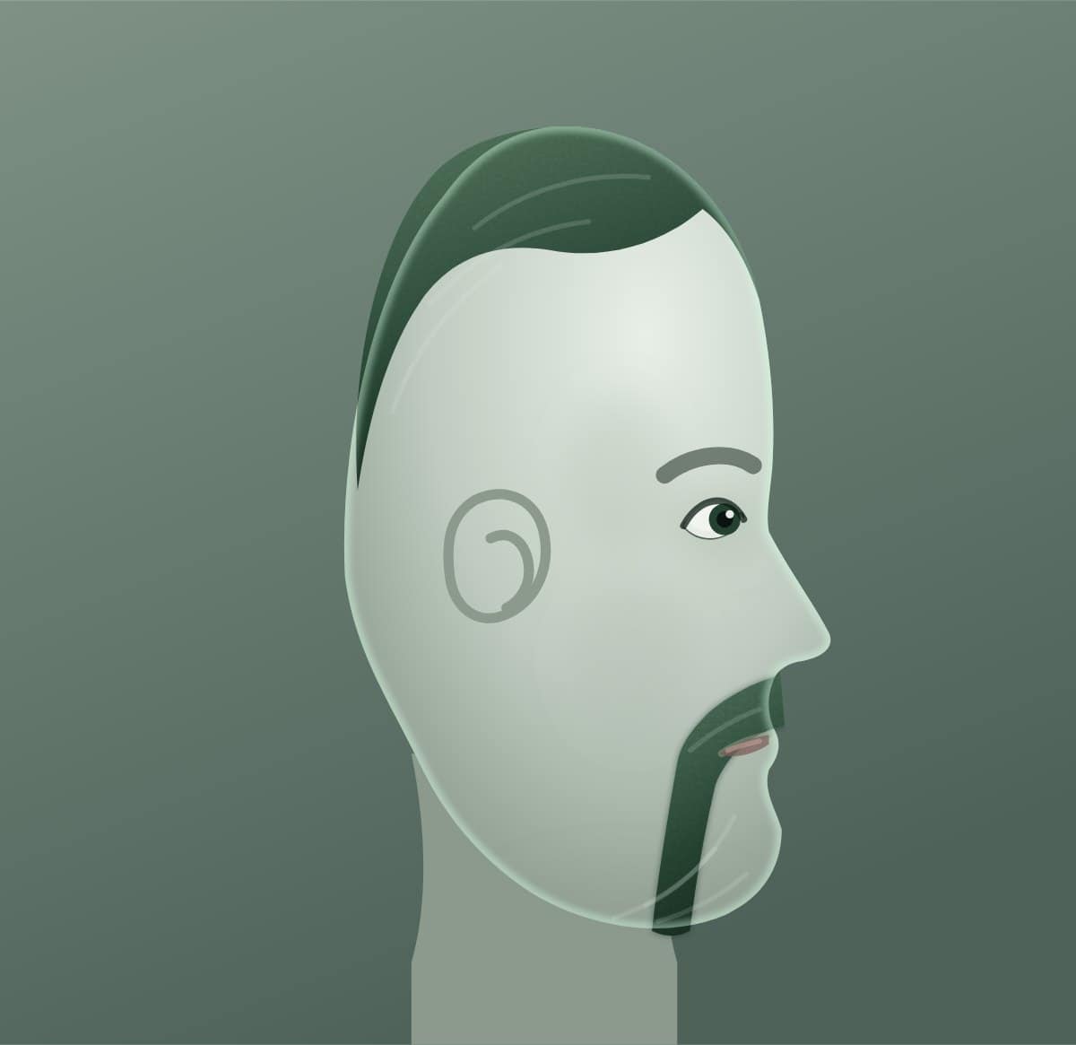 Profile diagram of the fu manchu moustache style, showing how far it runs back toward the ear.