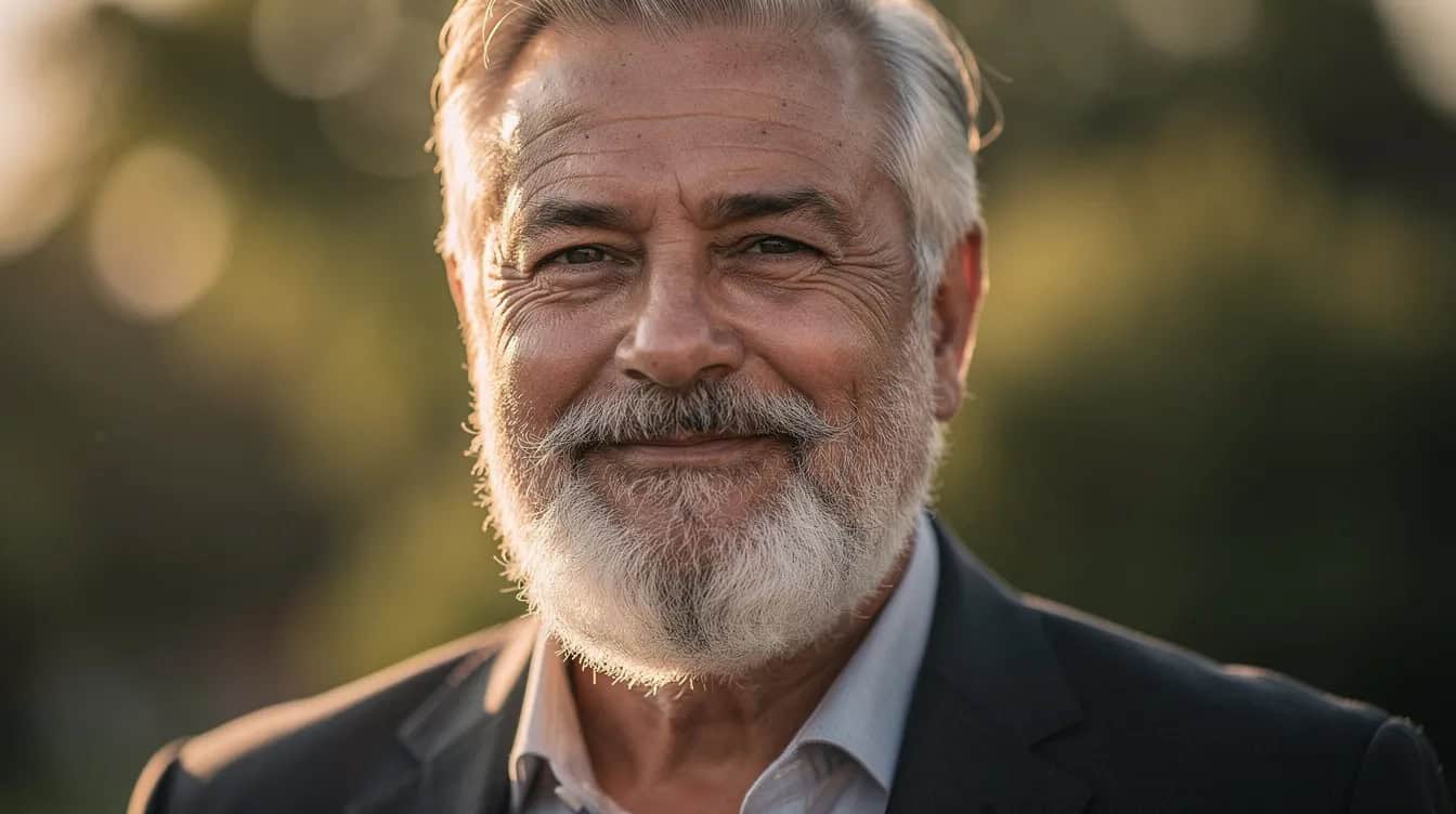 Man wearing a full white beard, showing the mass that lets grey read as silver rather than thinning.
