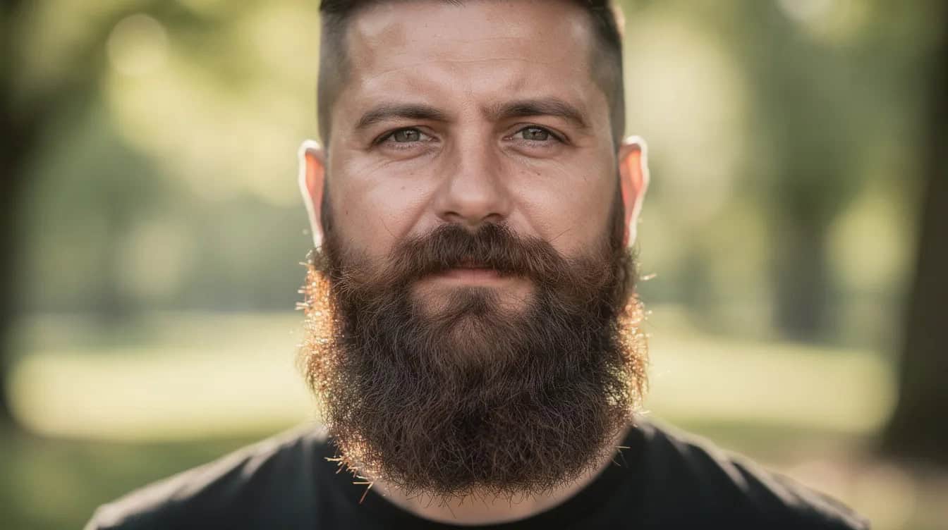 Garibaldi beard grown wide and full with a rounded bottom edge and natural cheek lines.