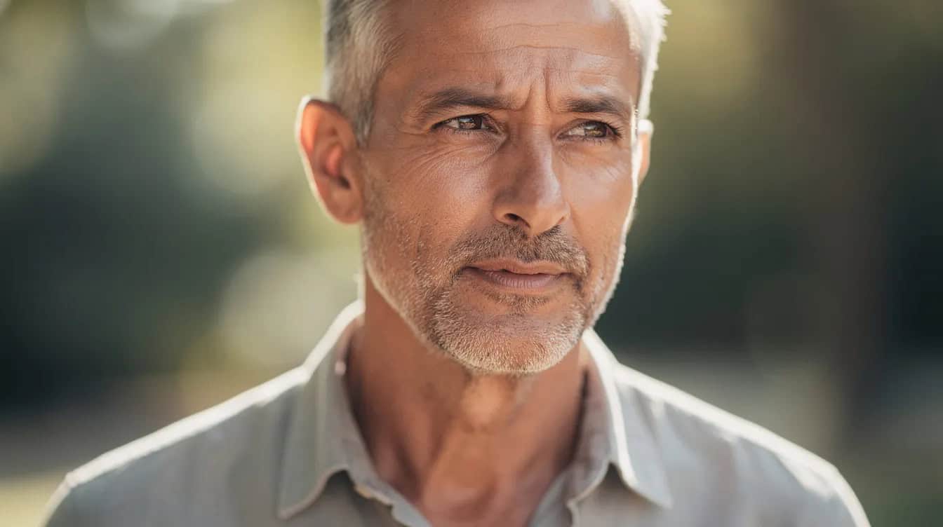 Older man wearing short grey stubble, kept at one even length with a clean neckline.