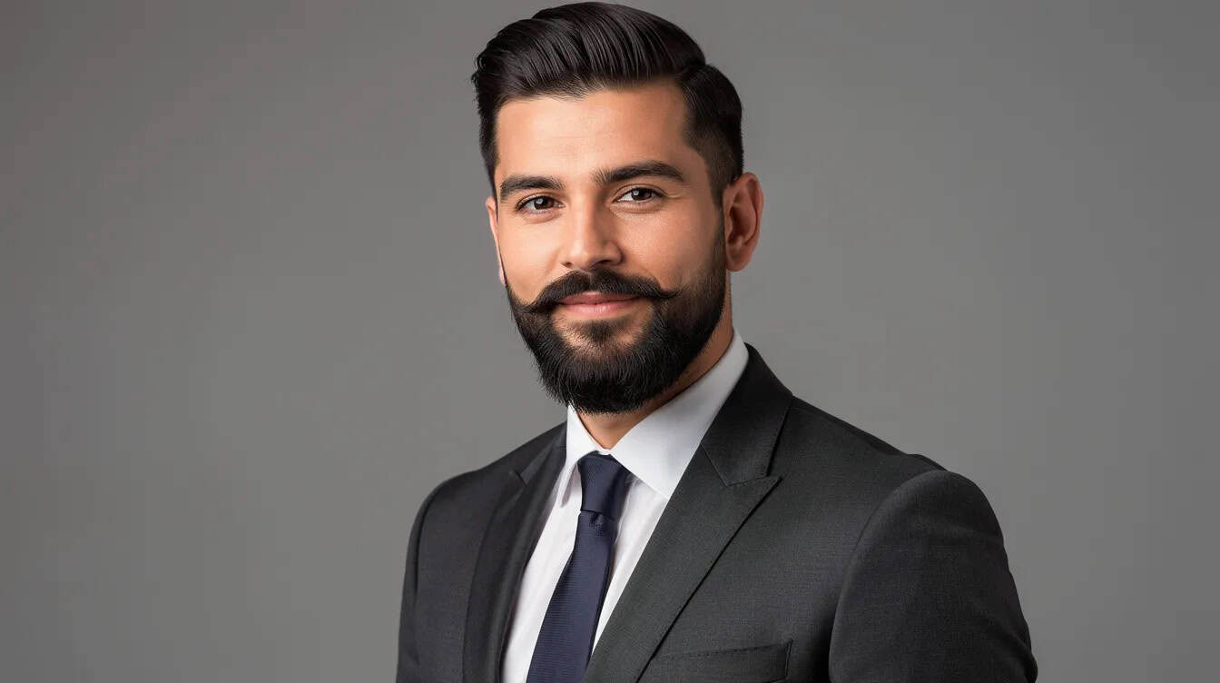 Hollywoodian beard worn with a suit, the sideburns shaved away so the beard sits below the cheekbones.