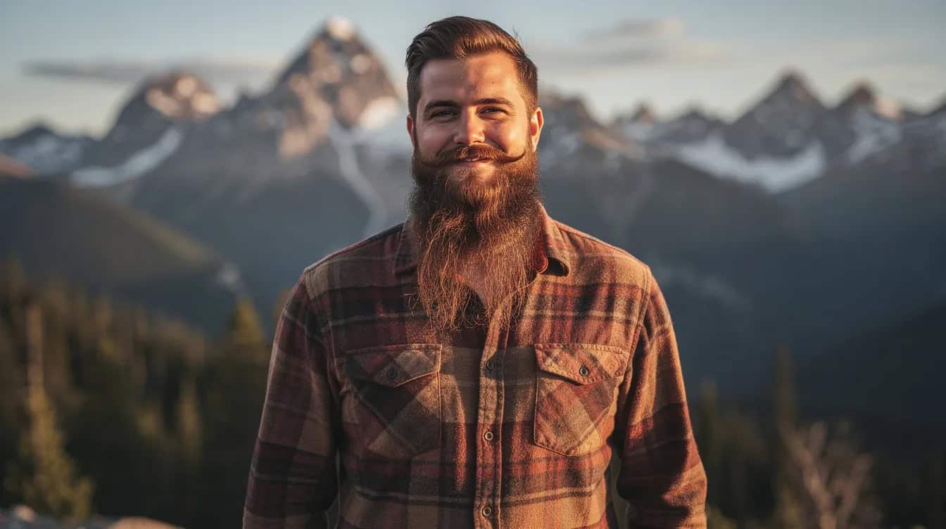 Long auburn beard grown full and untrimmed at the sides, worn outdoors in a check shirt.