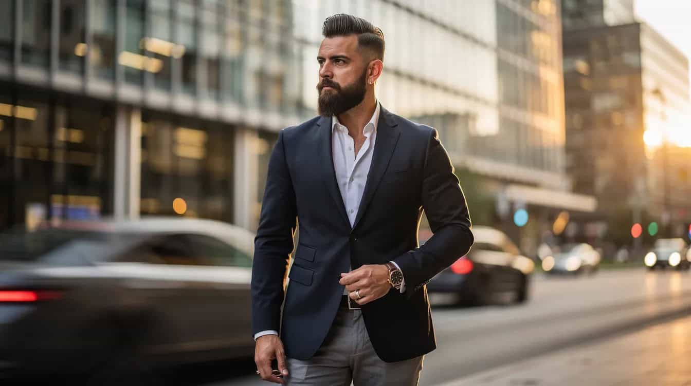 Man in a tailored jacket wearing a long beard kept tidy, showing it can be worn formally.