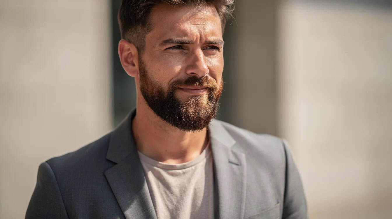 Medium-length beard with the sides tapered shorter than the chin, worn with a jacket.