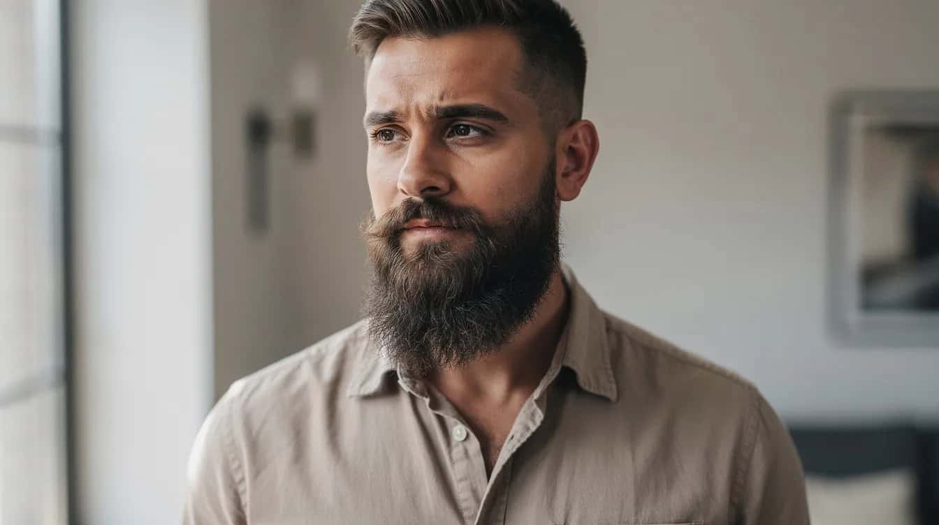 Man with an oval face wearing a full beard with a natural cheek line and a connected moustache.