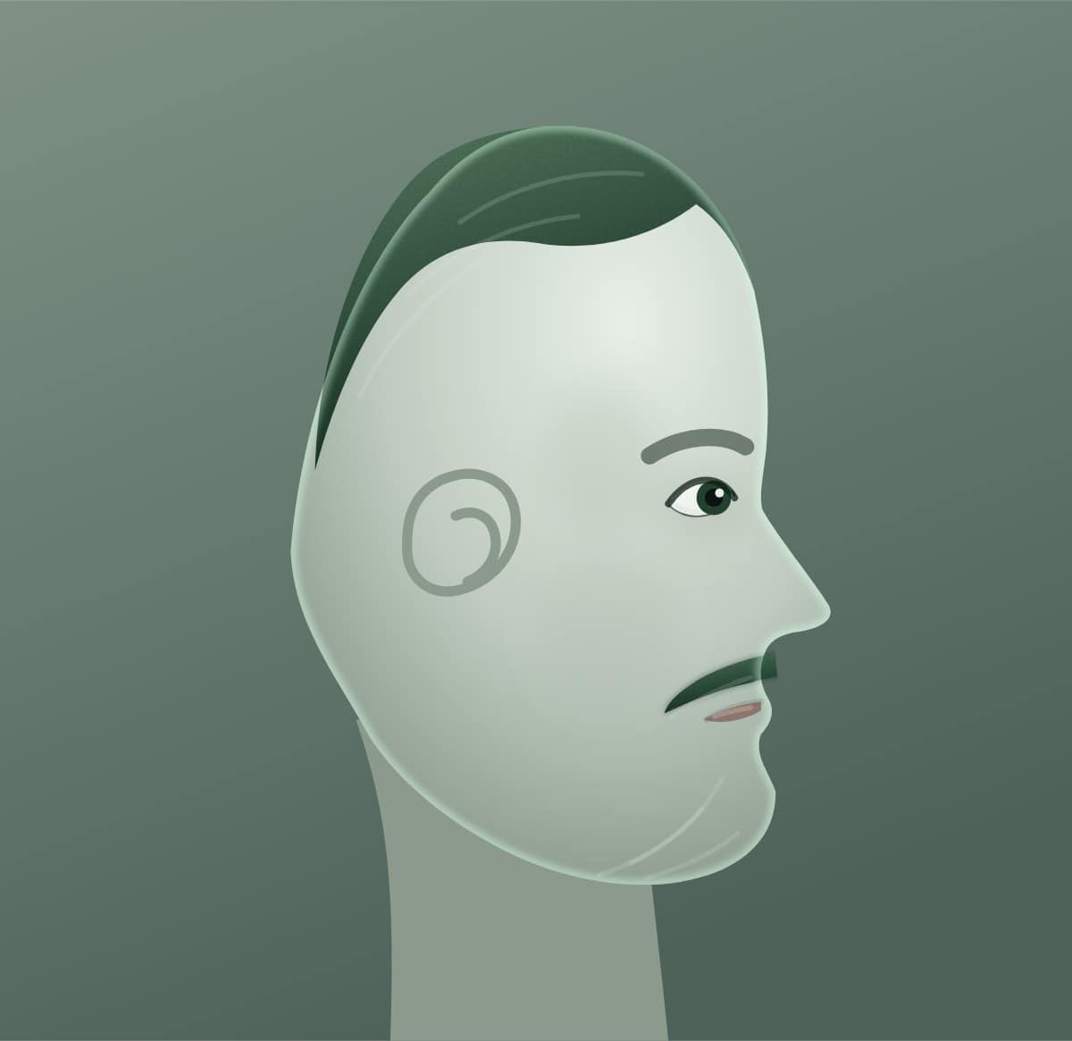 Profile diagram of the parted pencil moustache style, showing how far it runs back toward the ear.