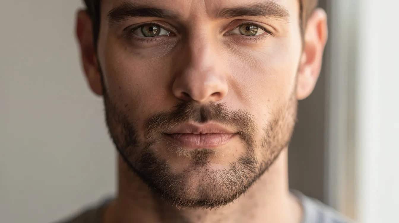 Patchy beard kept short, where the contrast between dense and thin areas nearly disappears.