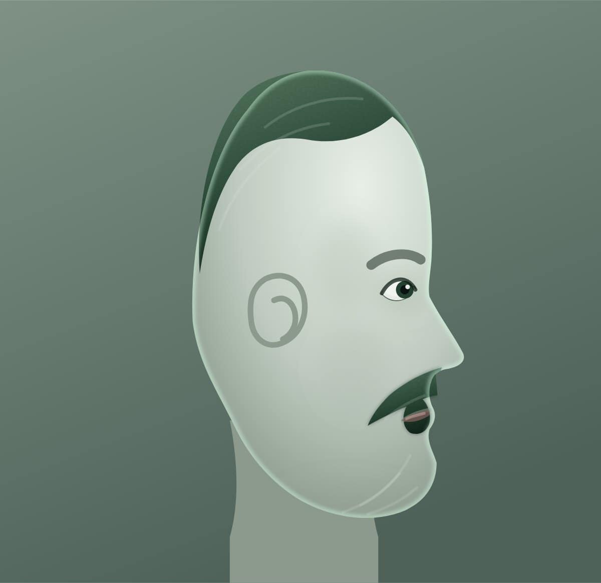 Profile diagram of the petite handlebar moustache style, showing how far it runs back toward the ear.