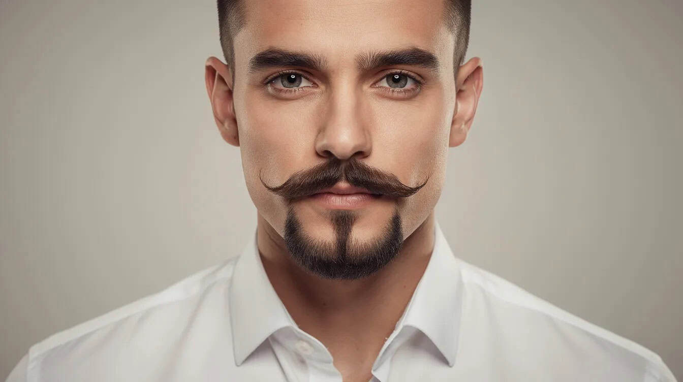 Royale beard: a moustache joined to a narrow chin strip, with the cheeks and jaw shaved clean.