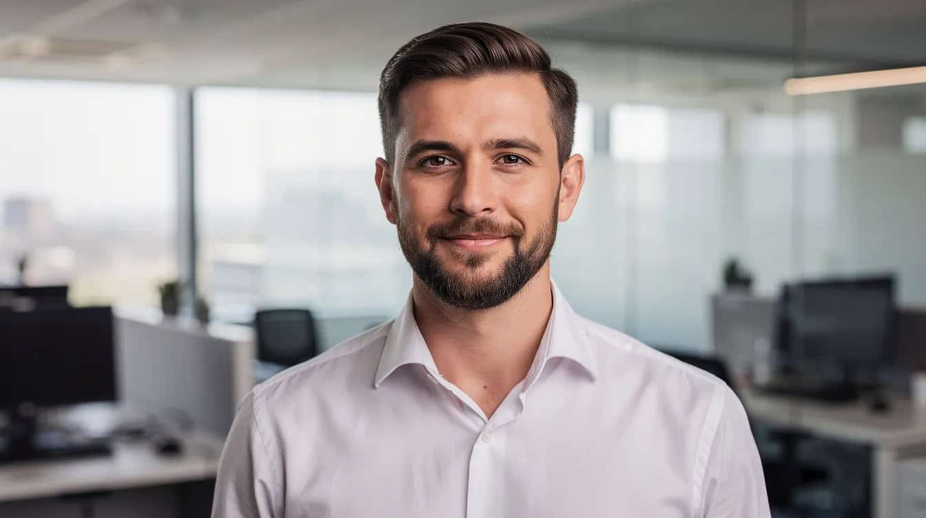 Short beard worn in an office, kept at one length with a tidy neckline and no carved edges.