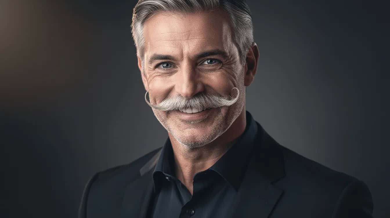 Man with silver hair and a full white moustache, combed out and trimmed clear of the lip.