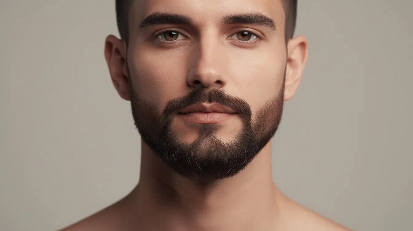 Man with a square face wearing a circle beard with clean-shaven cheeks, rounding off a strong jaw.