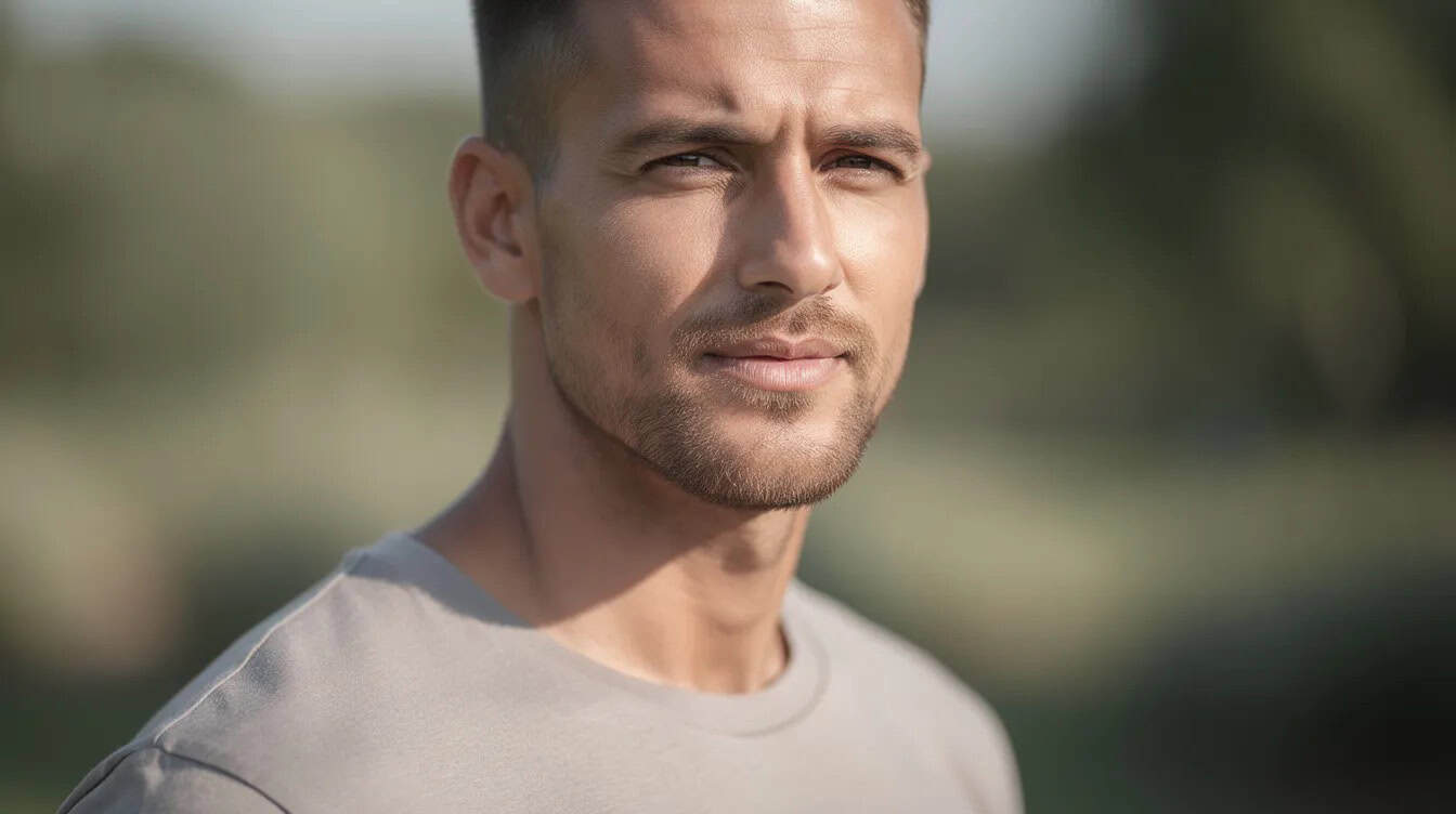 Man with a square jaw wearing heavy stubble, short enough to soften the corners without hiding them.