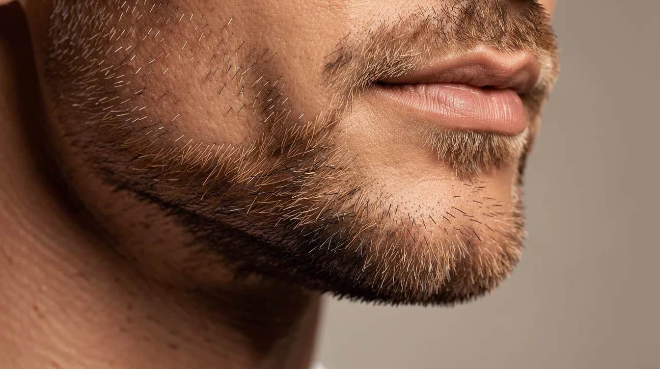 Close-up of stubble along the cheek and jaw, showing the even length the look depends on.