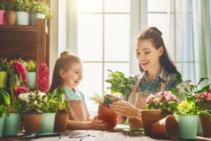 A smiling adult and child, both wearing aprons, enjoy potting plants together at a table filled with vibrant flowers and greenery. Just like this scene of care and teamwork, Bell Brothers brings trusted service to Northern California families—with background-checked technicians, honest upfront pricing, and our No Surprise Guarantee. It’s no wonder so many communities count on us for friendly expertise they can depend on.
