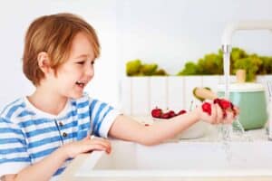 A young child smiles while washing cherries under running water at a kitchen sink—enjoying the comfort of a Bell Brothers-serviced home. With our No Surprise Guarantee, background-checked technicians, upfront pricing, and outstanding reputation across Northern California communities, you can trust Bell Brothers to keep your home running smoothly for the moments that matter most.