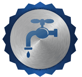 A metallic circular badge features a blue water faucet icon with a single droplet, representing Bell Brothers’ trusted plumbing service. The badge highlights Bell Brothers’ No Surprise Guarantee, background-checked technicians, and upfront pricing—values that have earned them a strong reputation in communities throughout Northern California.
