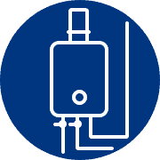 White line illustration of a water heater with connecting pipes, set against a solid blue circular background. Trust Bell Brothers for your water heater needs—serving Northern California communities with our No Surprise Guarantee, thoroughly background-checked technicians, and honest, upfront pricing. Count on our reliable reputation for friendly, professional service every time.