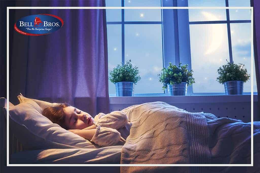 A young girl sleeps soundly under a cozy blanket, while moonlight streams through her bedroom window adorned with potted plants. The Bell Bros. logo appears in the top left corner, representing our commitment to trusted service across Northern California. Rest easy knowing all our technicians are background-checked, we offer upfront pricing, and our No Surprise Guarantee ensures you’ll never encounter unexpected costs—just the reliable comfort your family deserves.