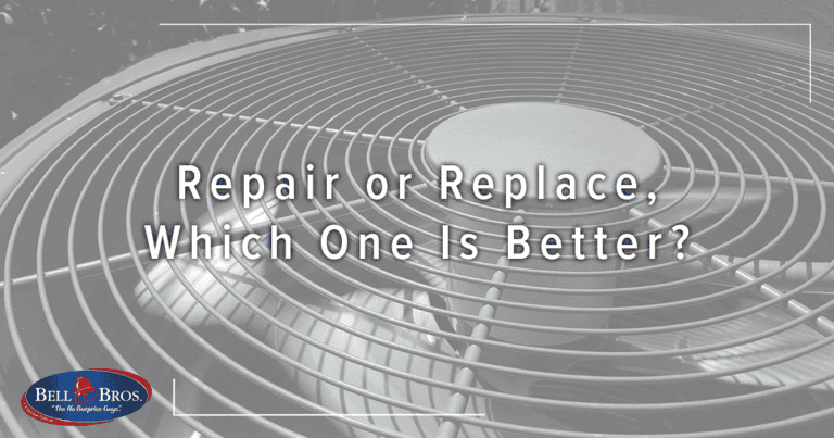Close-up of an air conditioning unit fan with text overlay reading, "Repair or Replace, Which One Is Better?" The Bell Bros. logo appears in the corner, highlighting their No Surprise Guarantee, background-checked technicians, and upfront pricing. Trusted by communities across Northern California for dependable service and honest solutions.
