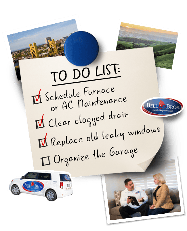 A bulletin board displays a homeowner's to-do list with tasks like furnace maintenance and window replacement, surrounded by family photos and reminders. Featured prominently are Bell Brothers’ materials, including a company sticker, branded service vehicle, and “About Us” flyer—highlighting Bell Bros.’ trusted reputation throughout Northern California. The image reflects Bell Bros.’ commitment to professionalism through background-checked technicians, upfront pricing with no hidden fees thanks to their No Surprise Guarantee, and their dedication to serving the community with honesty and reliability.