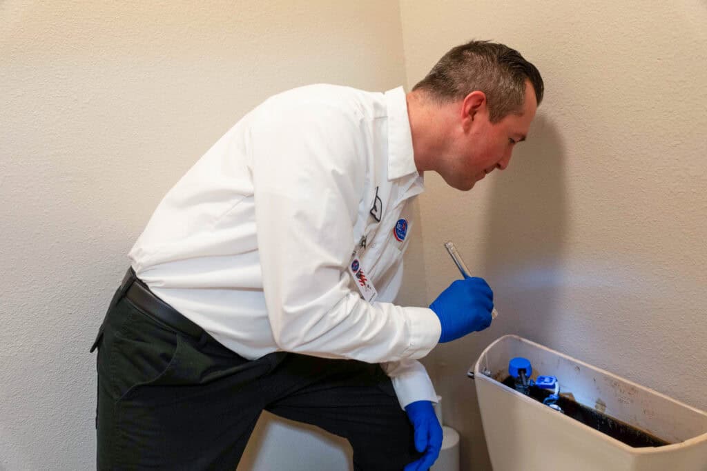 A background-checked Bell Brothers plumber in uniform checks a toilet tank, delivering trusted Citrus Heights leak detection—no surprises.