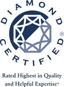 A navy geometric diamond icon is featured, surrounded by the words “Diamond Certified” in a circle. Beneath, the text reads, “Rated Highest in Quality and Helpful Expertise.” This emblem proudly reflects Bell Brothers’ No Surprise Guarantee, background-checked technicians, upfront pricing, and their trusted reputation throughout Northern California communities.