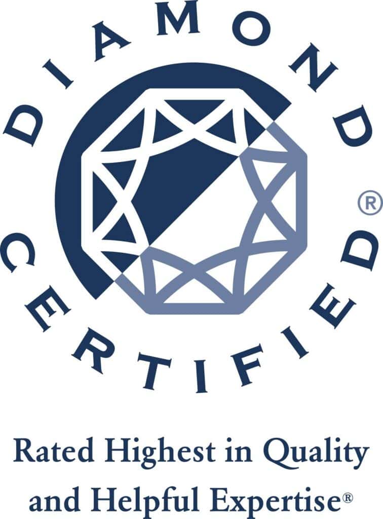 A navy geometric diamond icon is featured, surrounded by the words “Diamond Certified” in a circle. Beneath, the text reads, “Rated Highest in Quality and Helpful Expertise.” This emblem proudly reflects Bell Brothers’ No Surprise Guarantee, background-checked technicians, upfront pricing, and their trusted reputation throughout Northern California communities.