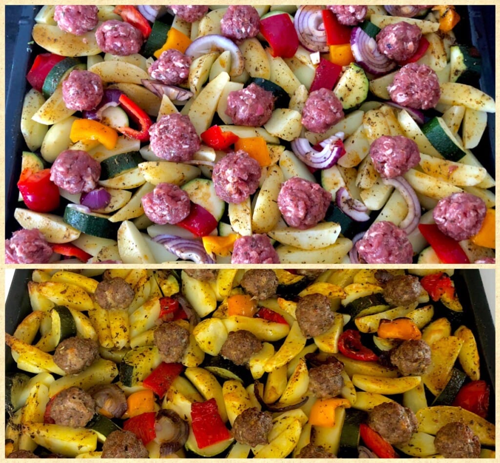 Ziemniaki zapiekane z mięsnymi kulkami i warzywami