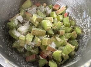 Pokrojony rabarbar w miseczce z cukrem