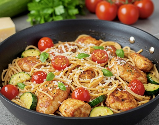 Spaghetti w kremowym sosie z kurczakiem i warzywami