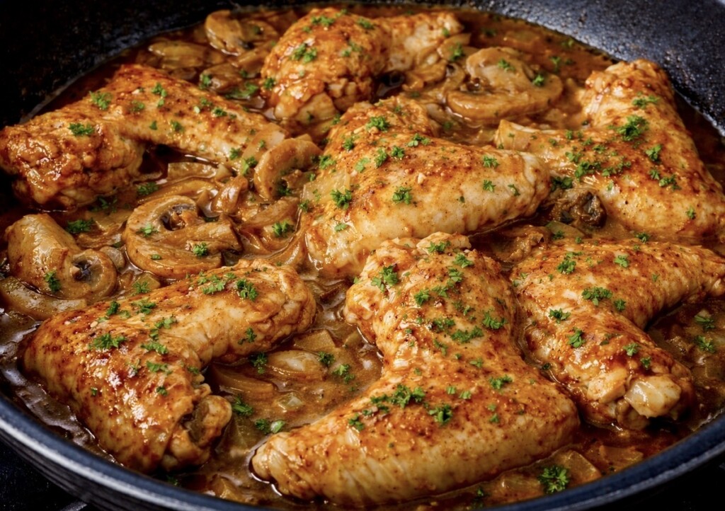 Skrzydełka w szklistym sosie pieczarkowym