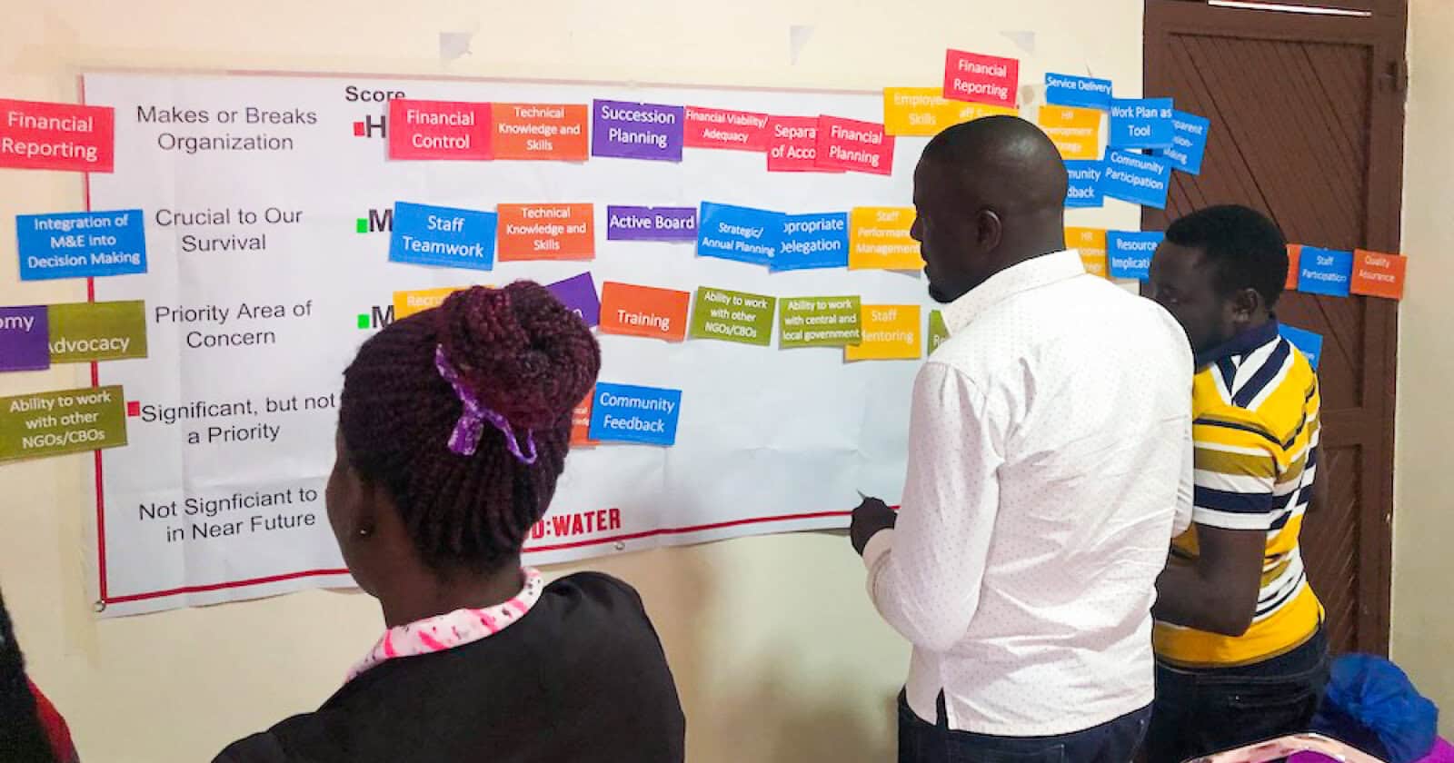 man and woman look at a board at an idf assessment workshop