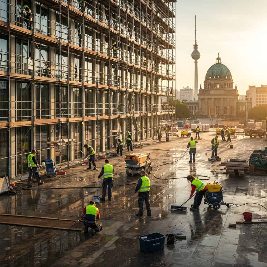 Reinigungsteam bei der Baureinigung eines modernen Neubaus in Berlin mit Baugerüsten und Berliner Wahrzeichen im Hintergrund.