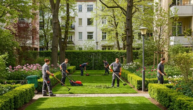 Team bei der Grundstückspflege in Berlin: Rasenmähen, Heckenschnitt und Beetpflege in einer gepflegten Gartenanlage.