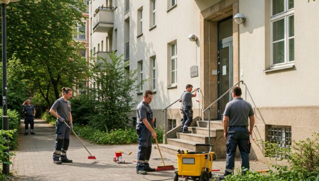 Mehrköpfiges Hausmeisterteam bei Reinigung, Kontrolle und Reparaturen an einem Berliner Wohn- und Geschäftshaus.