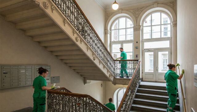 Reinigungsteam bei der Treppenhausreinigung in Berlin, säubert Treppenstufen und Geländer in einem hellen Wohnhaus.