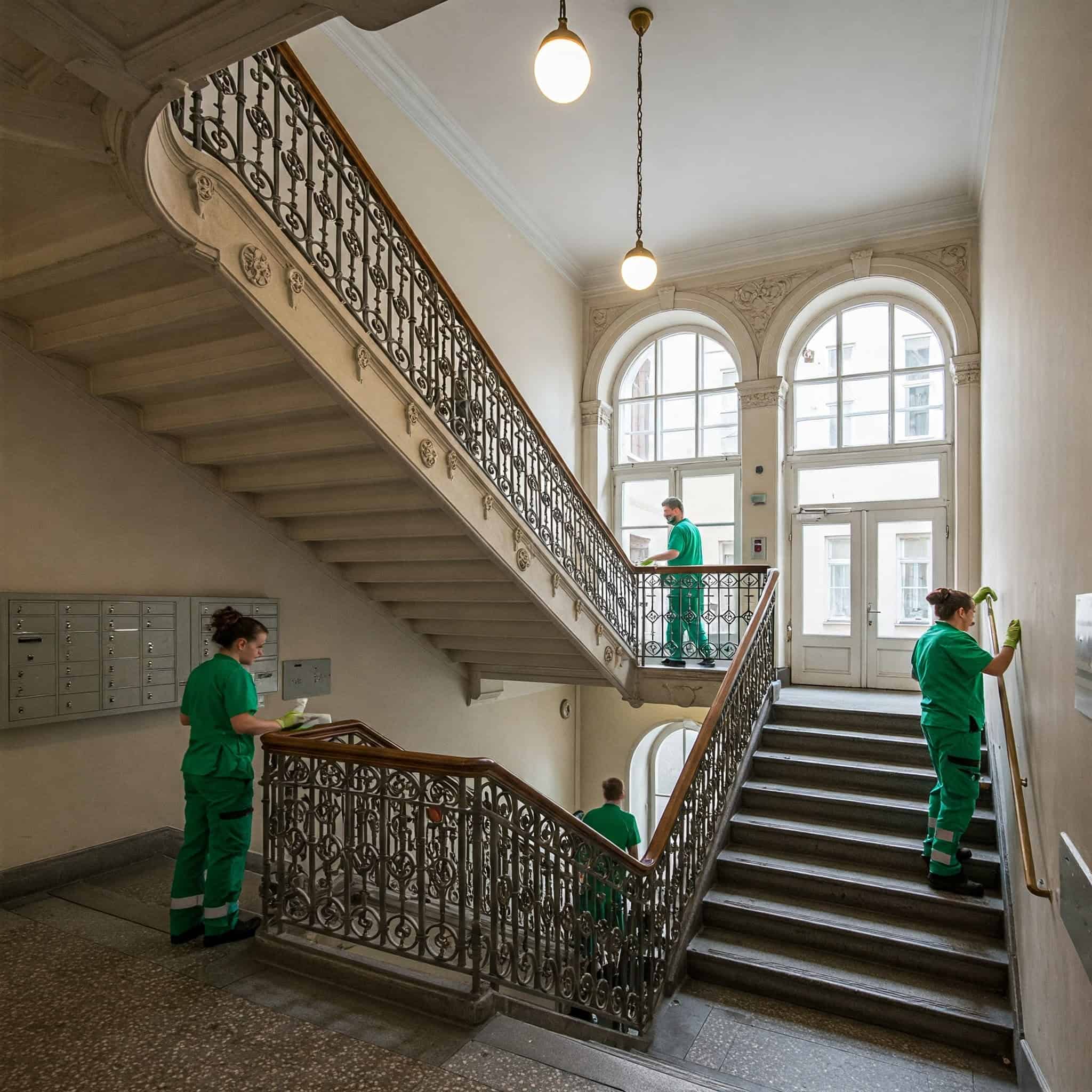 Reinigungsteam bei der Treppenhausreinigung in Berlin, säubert Treppenstufen und Geländer in einem hellen Wohnhaus.