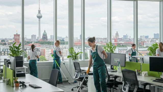 Reinigungsteam bei der Unterhaltsreinigung in einem modernen Berliner Büro mit Blick auf den Fernsehturm.