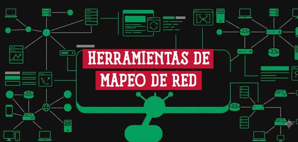 Diagrama de red con switches, routers y servidores interconectados junto al rótulo Herramientas de Mapeo de Red