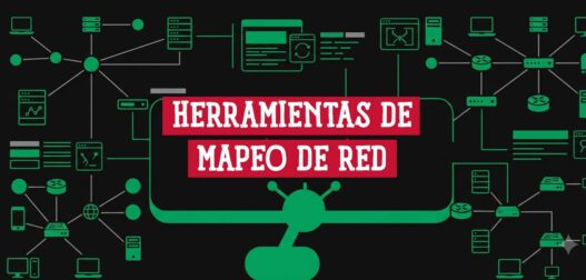 Diagrama de red con switches, routers y servidores interconectados junto al rótulo Herramientas de Mapeo de Red