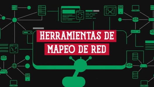 Diagrama de red con switches, routers y servidores interconectados junto al rótulo Herramientas de Mapeo de Red
