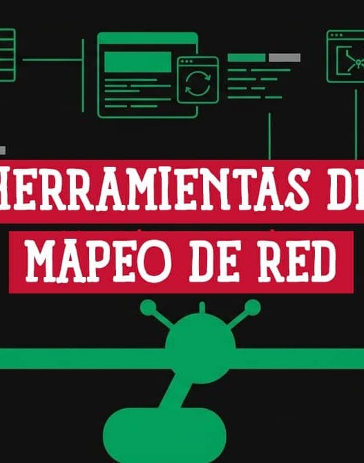 Diagrama de red con switches, routers y servidores interconectados junto al rótulo Herramientas de Mapeo de Red