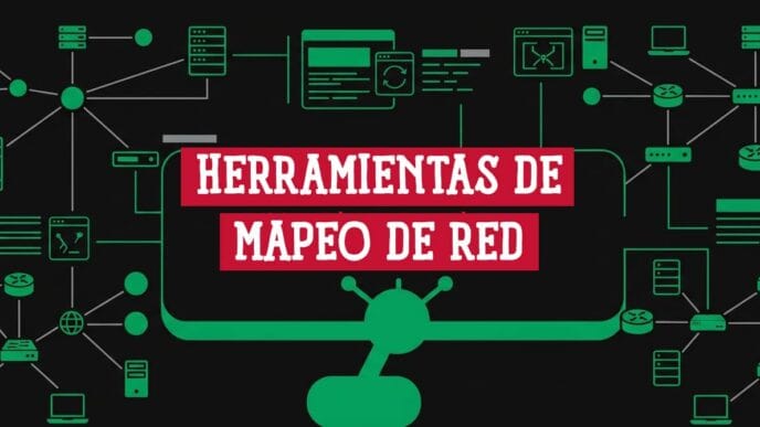 Diagrama de red con switches, routers y servidores interconectados junto al rótulo Herramientas de Mapeo de Red