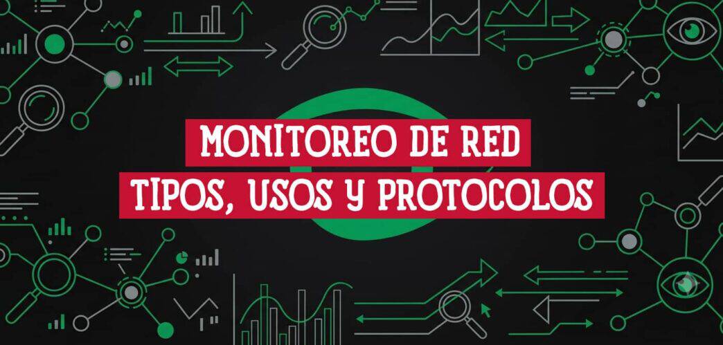 Ilustración abstracta de monitoreo de red con nodos conectados, lupas, gráficos de métricas y flechas en verde y gris